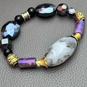 Montana Moss Agate Handmade Bracelet Beaded Crystal And Metal Stretch Artisan 7